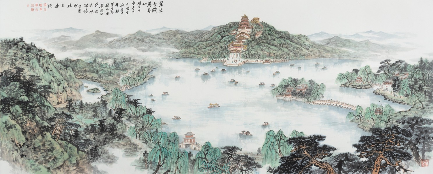 《翠峦春晓万寿山》 庄小雷、郭宝君、牛朝、买鸿钧、徐卫国、乐祥海、范琛、刘旭、陈倩合作 145cm×360cm 2024年 纸本设色