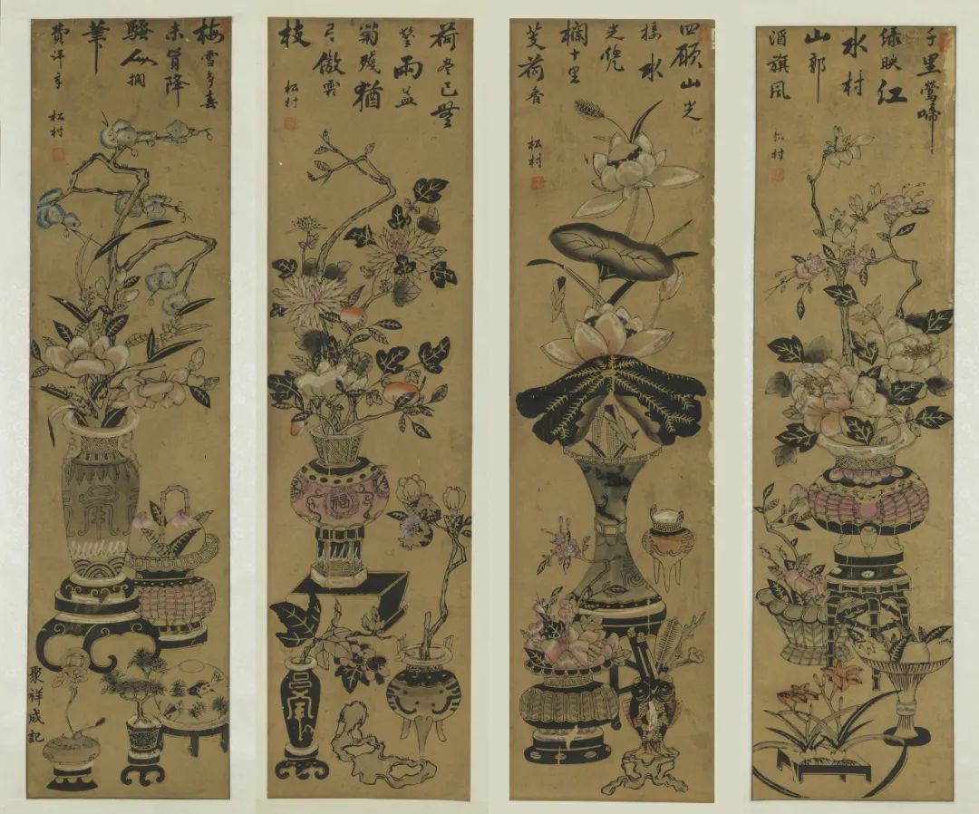 山东高密《博古花卉四条屏》  纸本 93×24cm×4  清代  中国美术馆藏