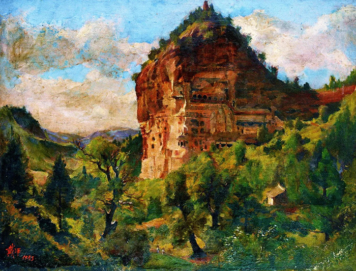 《麦积山石窟》木板油彩 62×75 1953