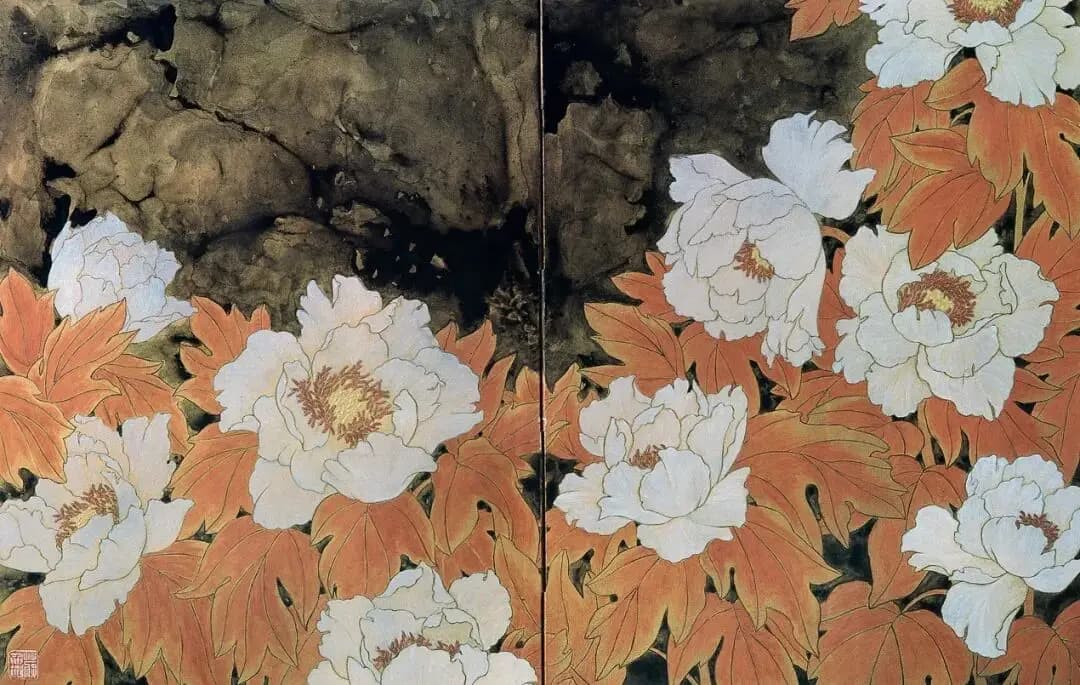 家乡的牡丹 （二联屏风） 蒋采苹 63cm&times;95cm 潜金纸 墨色 云母 2004